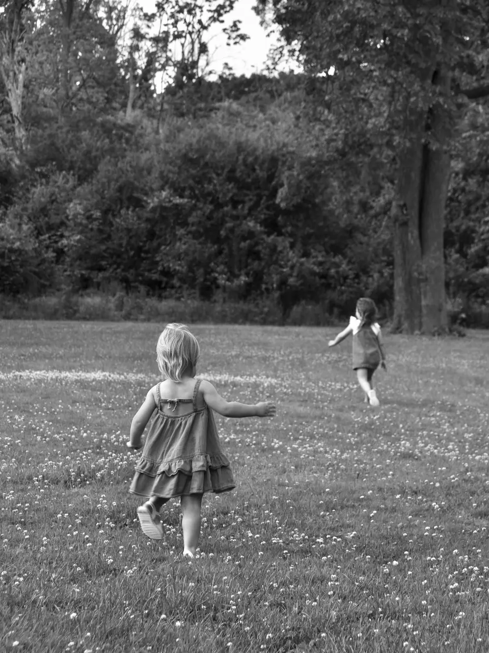 Two children running through a meadow during a family session
